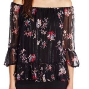 Lucky Brand Black Boho Semi-Sheer Floral Off The Shoulder Top Blouse Size Medium
